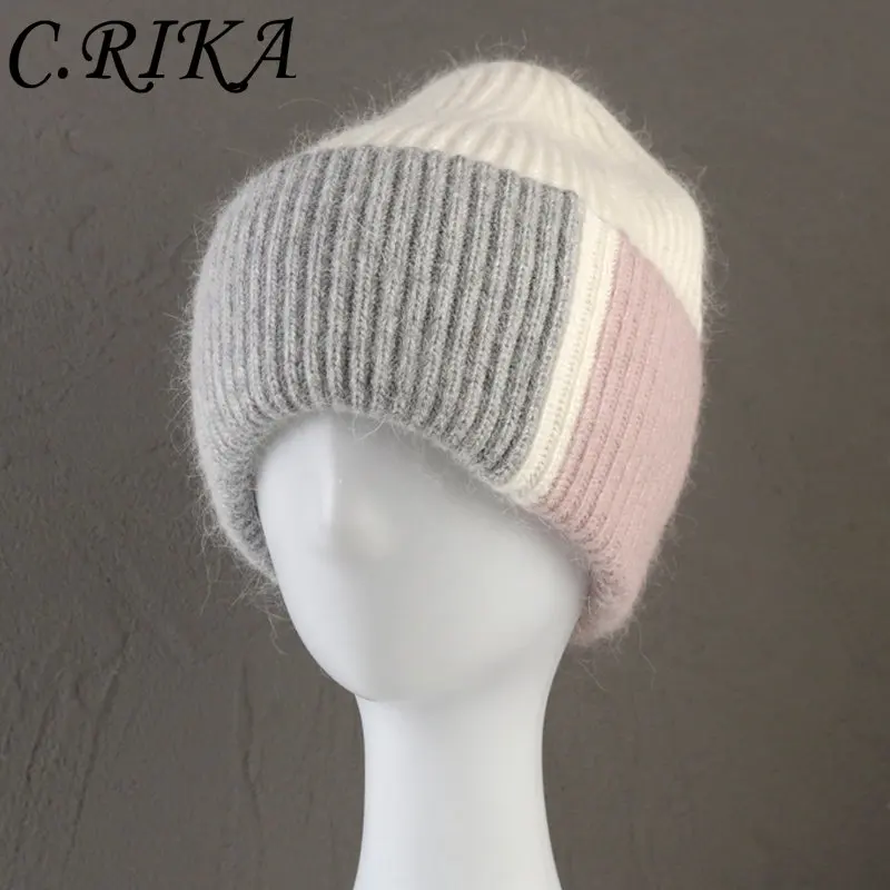 New Tricolor Matching Beanies for Women Rabbit Fur Soft Fluffy Winter Hat Lady Pinkycolor Warm Angora Knitted Hat Skullies Caps