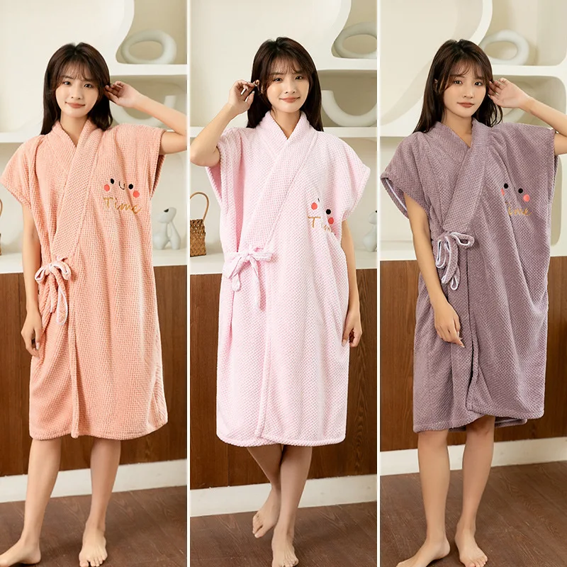 Coral Fleece Bath Towel for Women Thickened and Soft Absorbent Cross-Tied Bathrobe Suitable for Weights Between 80-160 Pound