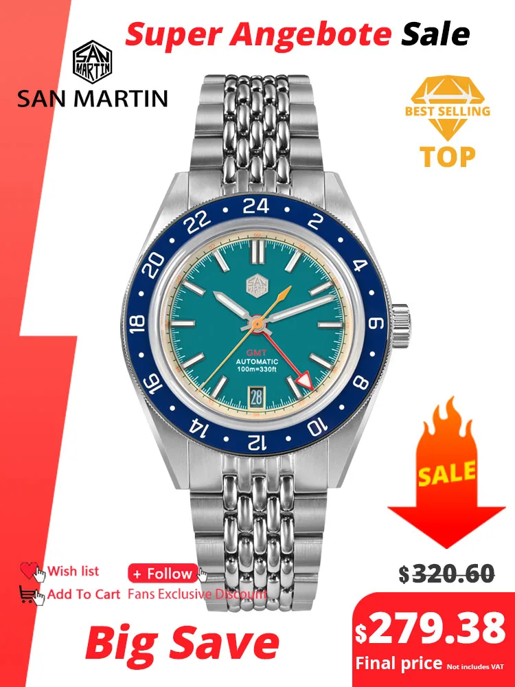 San Martin Original Design Fashion GMT 39.5mm Men Sports Watch Japan NH34 Automatic Mechanical Waterproof 100m SN0116 Reloj