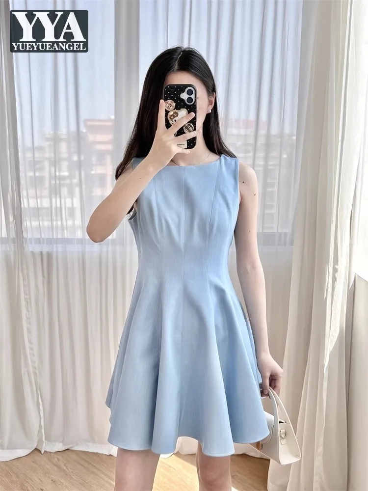 

2025 New Summer Fashion Tank Dresses Sleeveless O-Neck Slim Fit Back Zipper Chic French Style Above Knee Length Elegant Sundress
