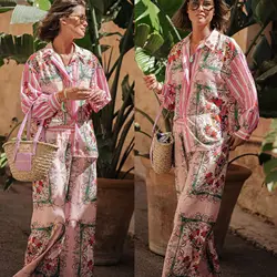 Women's S-XL Size Spring and Autumn New Long sleeved Leisure Vacation Two piece Set INS Loose Printed Pocket Fashion Slimming