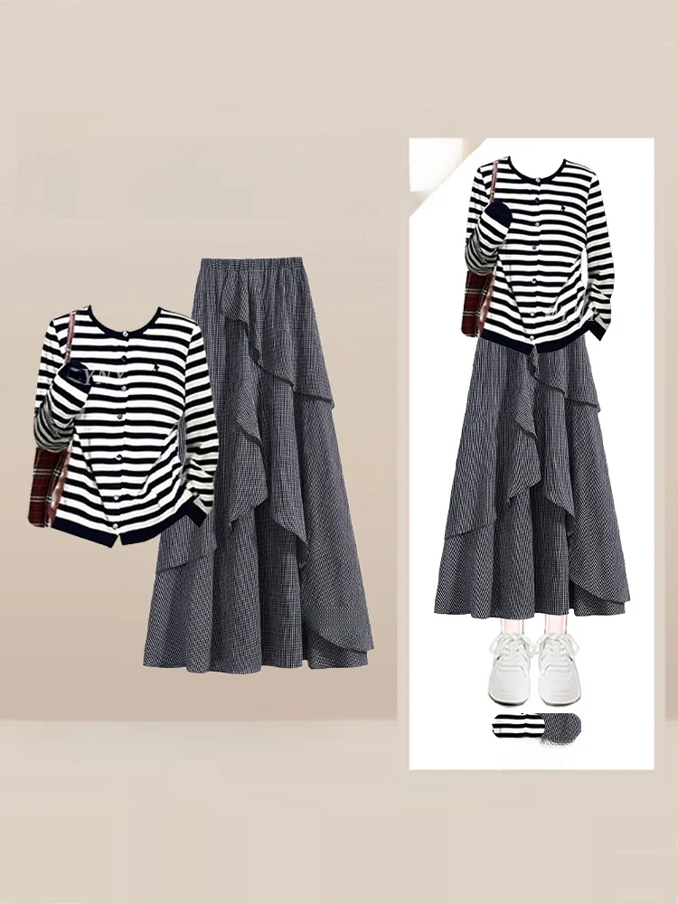 

Комплект Ele Plus Size: Уникальный полосатый топ и асимметричная юбка с длинным рукавом и круглым вырезом из трикотажа для женщин