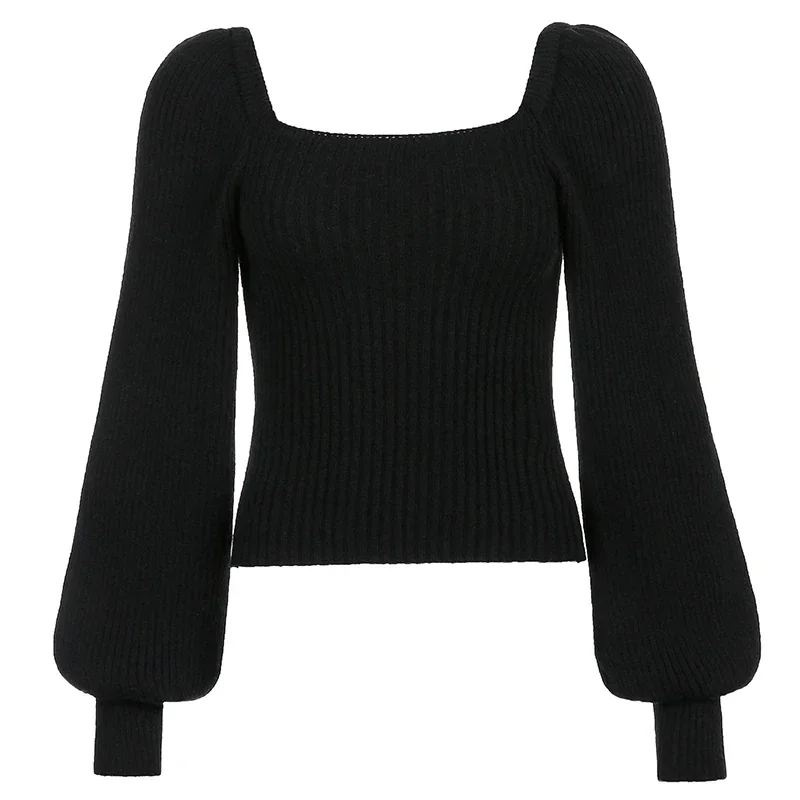 Black Square Neck Knit Pullovers Women Fall Winter Korean Loose Casual Long Sleeve Sweater Tops 4 Colors