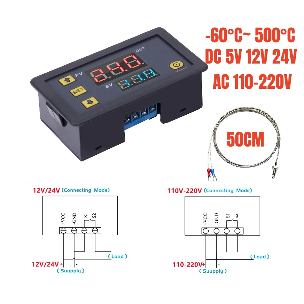 Mini W3230 Probe Line Digital Temperature Control LED Display Thermostat With Heat/Cooling Control Instrument 12V 24V 110-220V