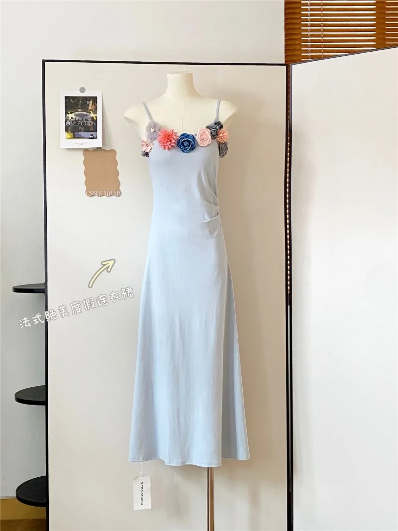 

Temperament Frenche Detachable Flower Strap Dress Women Collarbone Sleeveless Shirring Fashion Summer Seaside Vacation Lady Wear