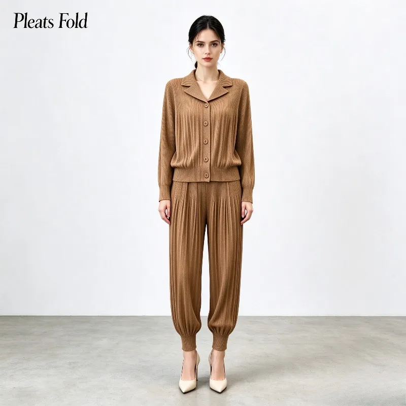 New Spring and Autumn Women's Clothing 2026 Lapel Single-Breasted Cardigan Jogger Carrot Pants Loose Pleated Two-Piece Set Pleat