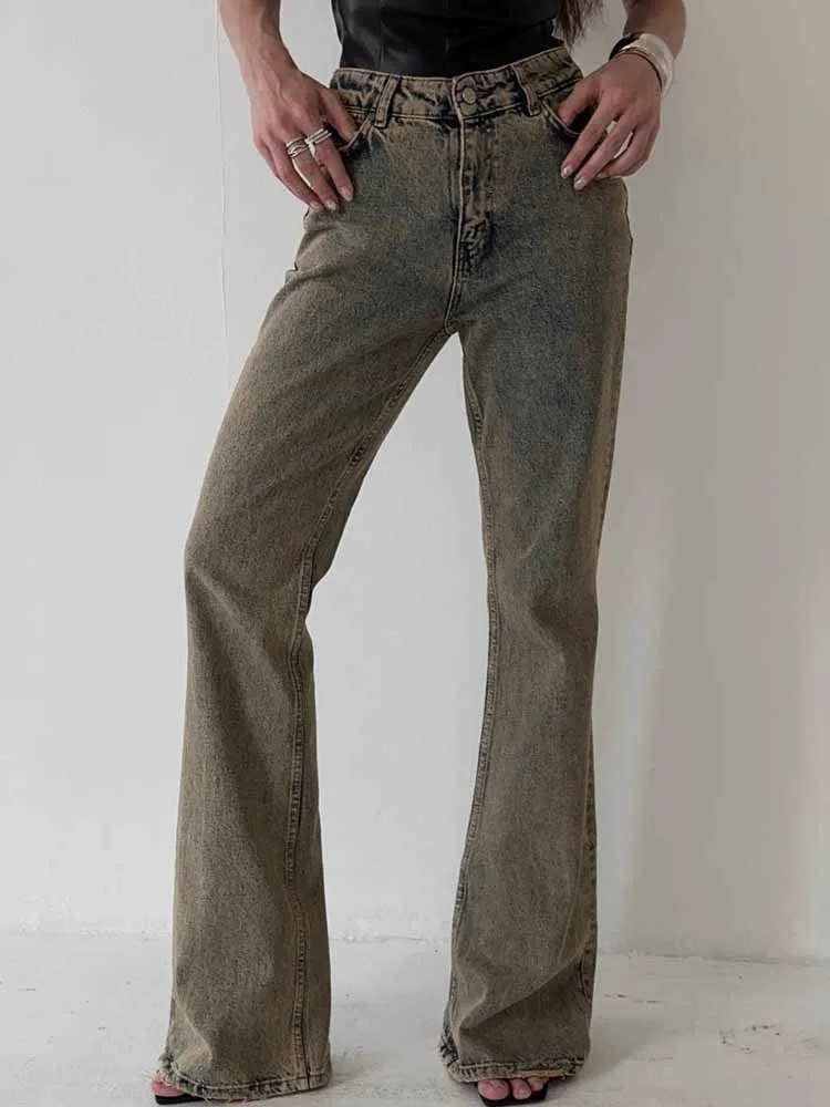 

BKQU американские винтажные потертые прямые джинсы для женщин, уличная одежда, модные мешковатые расклешенные джинсовые брюки с высокой талией, хип-хоп 2025