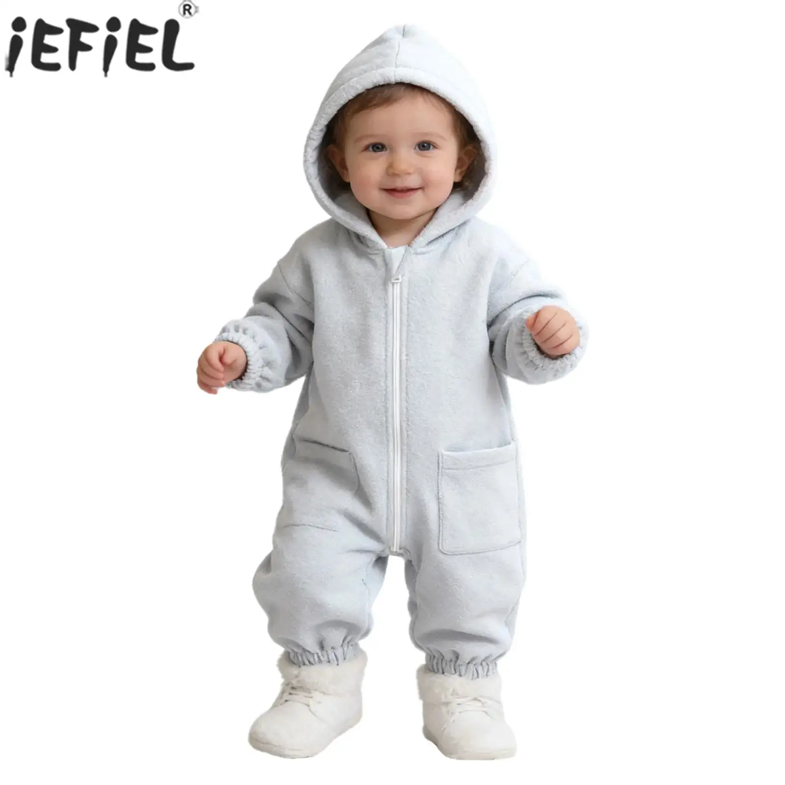 

Infant Boys Girls Winter Warm Flannel Fleece Hooded Romper Snowsuit Long Sleeve Zipper Jumpsuit Outerwear for Indoor Outdoor