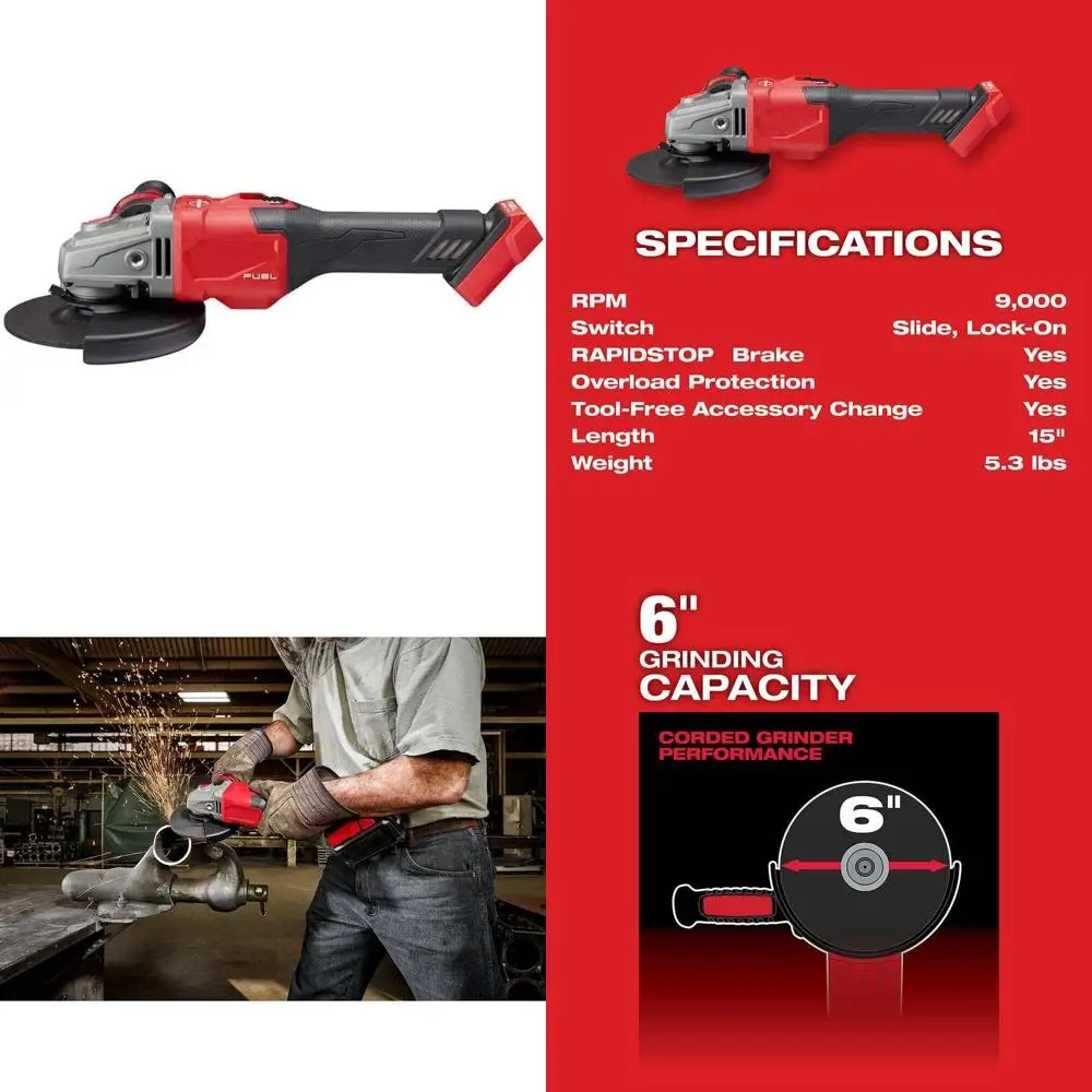 

Cordless 18V 4-1/2 to 6 Inch Angle Grinder with Slide Switch, Tool-Only, Braking Grinder for Heavy-Duty Applications