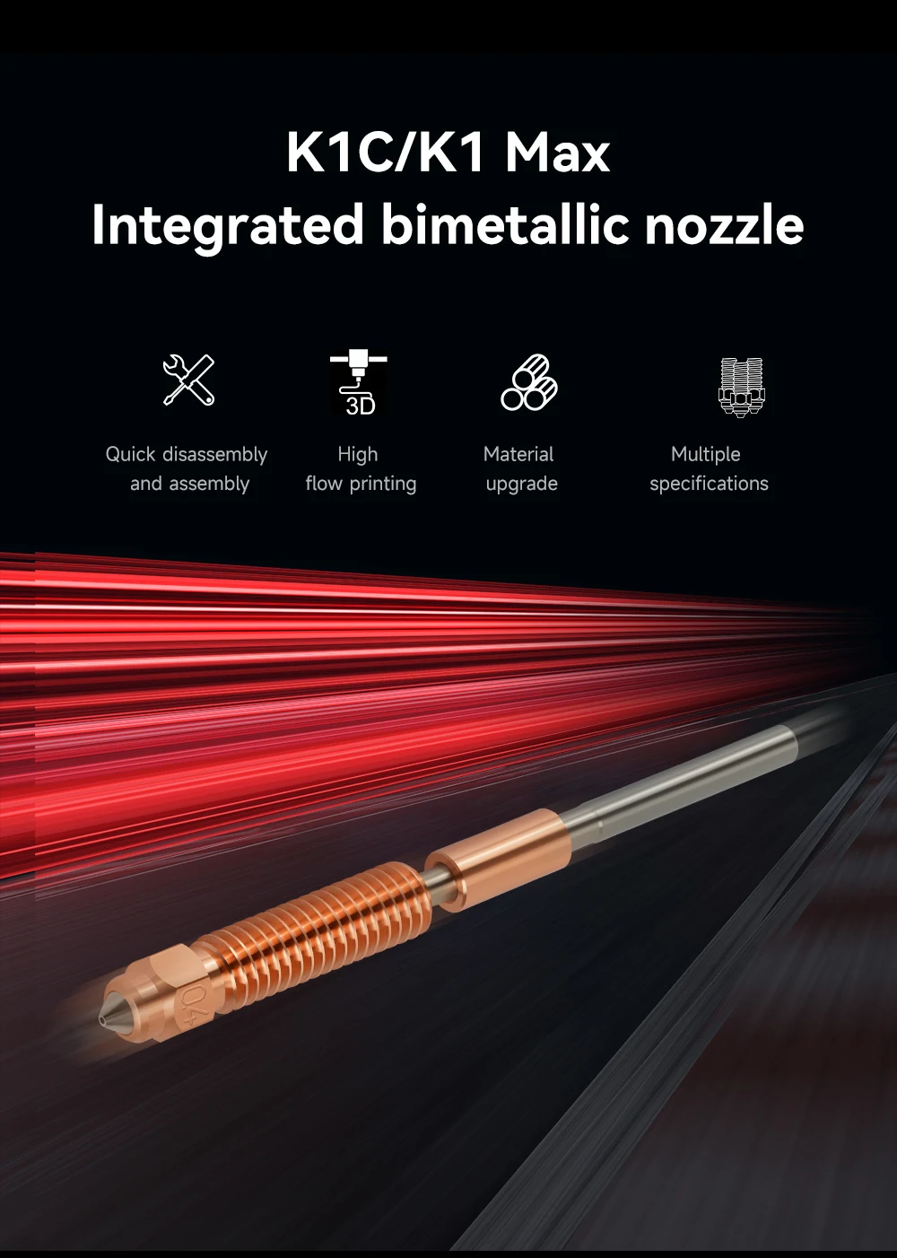 Für Creality K1c Düse K1 Max Gehärtete Stahldüse Schnellwechsel All-in-One High-Flow Bimetall Heatbreak für Ender 3 V3 3D-Drucker – Detail 1