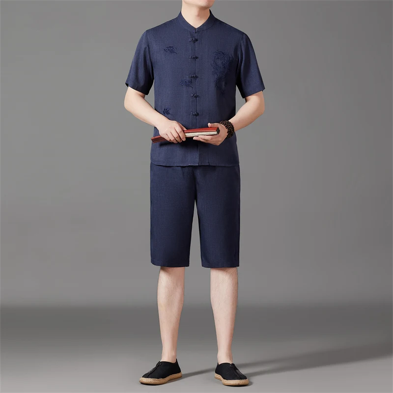 Tang Suit Chinese Style for Men High-End Summer Thin Hanfu Dark Cell Embroidery Suit Stand Collar Short Sleeve Suit