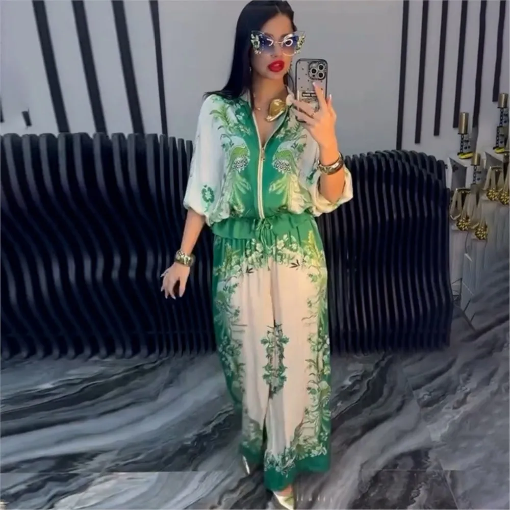 Pantaloni lunghi da donna con cerniera e colletto rialzato con stampa Set da 2 pezzi Giacca da baseball Set di pantaloni lunghi a gamba larga con lacci e vita alla moda