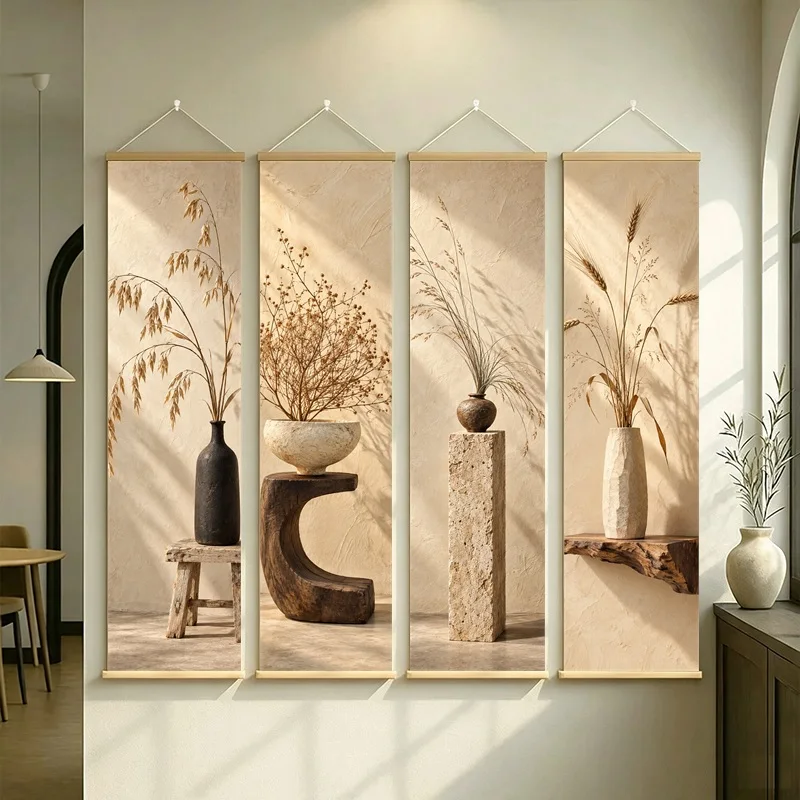 Wall Art Tumbleweed and Fescue Grass, Natural Wabi-Sabi Botanical Silver Shimmer Canvas Hanging Scroll for Boutique Hotel