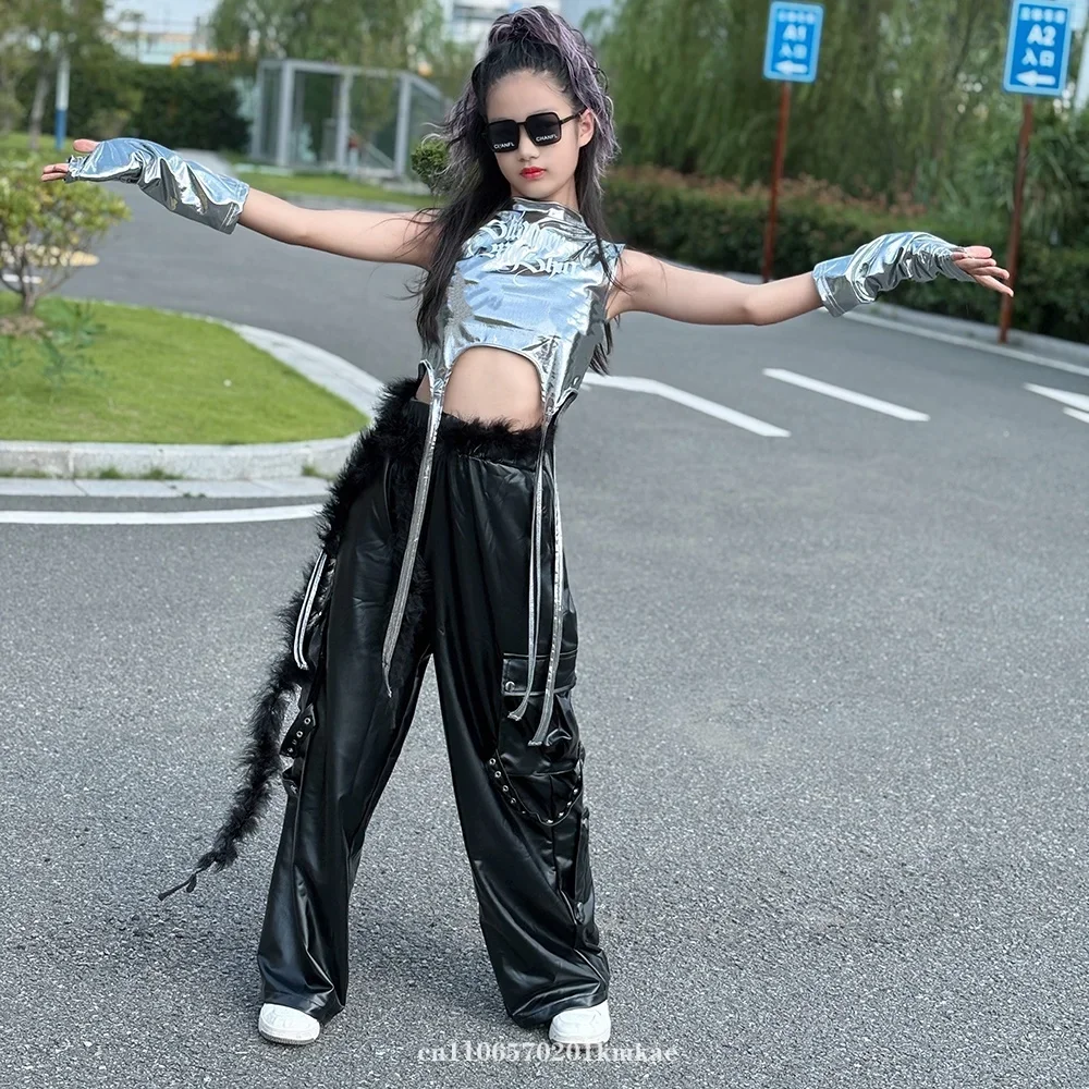 

Костюм для танцев в стиле хип-хоп для девочек: укороченный топ с серебряной лентой, кожаные брюки, для джаза, K-pop, стритвир