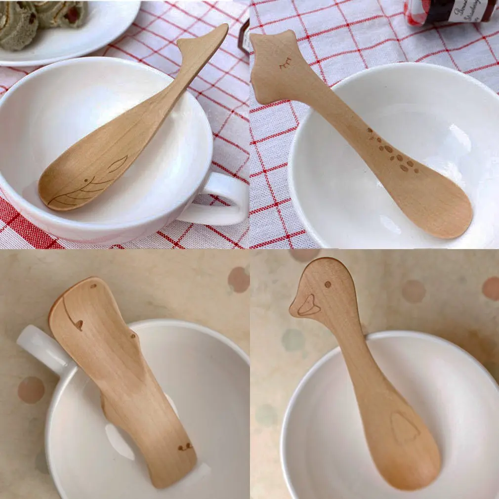 2pcs Animal Children Spoons Kids Wood Cute Cartoon Spoons Carving Wooden Spoon Creative Household Children's Kitchen Eating Tool