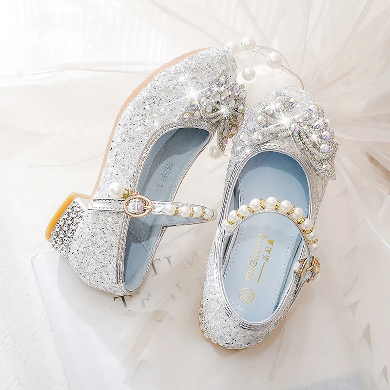 Girls High Heels 2024 New with Blue Pink Princess Crystal Dance Shoes Bowknot Rhinestone Beaded Children Wedding Leather Shoes