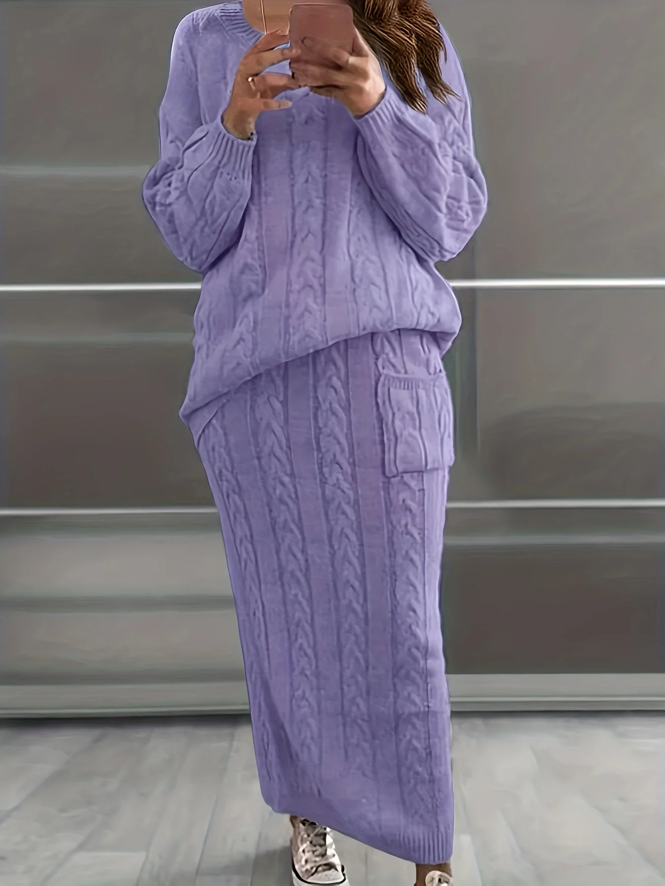 Solid Knitted Two-piece Set Casual Long Sleeve Sweater & Skirt Outfits Women\'s Clothing