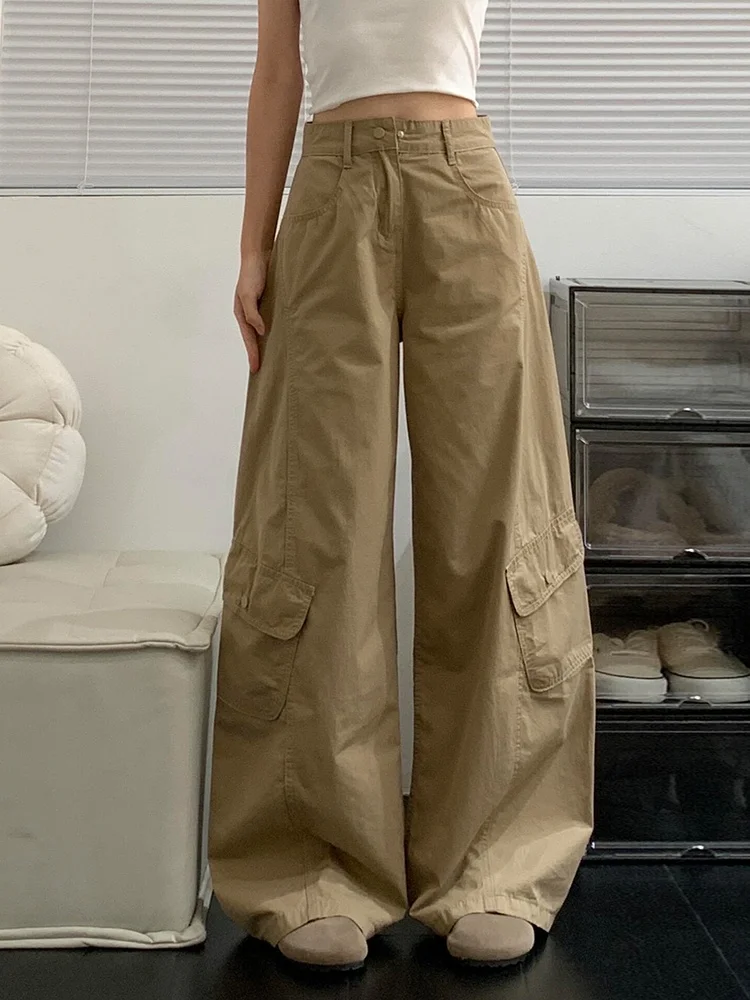 بنطلون عمل أمريكي بمقاسات كبيرة للنساء، تصميم عصري متعدد الجيوب، بنطلون جينز مستقيم وواسع الساق بخصر عالي وتأثير تنحيف