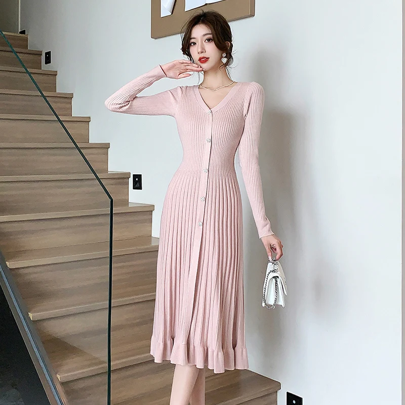 France New Autumn Winter Pink Knitted Pleated Midi Dress High Quality Women V Neck Diamonds Button Long Sleeve Sweater Vestidos