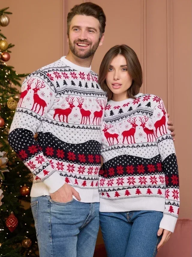 2026 Winter Christmas Matching Outfits Jacquard Knitting Sweater Mother Father Kids Warm Thick Jumpers Xmas Family Look Knitwear