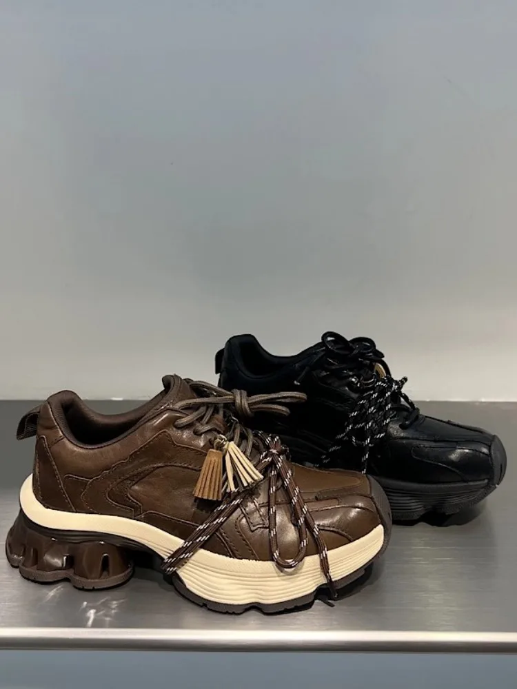 Autumn Women Genuine Cowhide Pumps Round Toe Lace-Up Thick Soled Shoes Height Increasing Low Cut Casual Footwear Top Quality