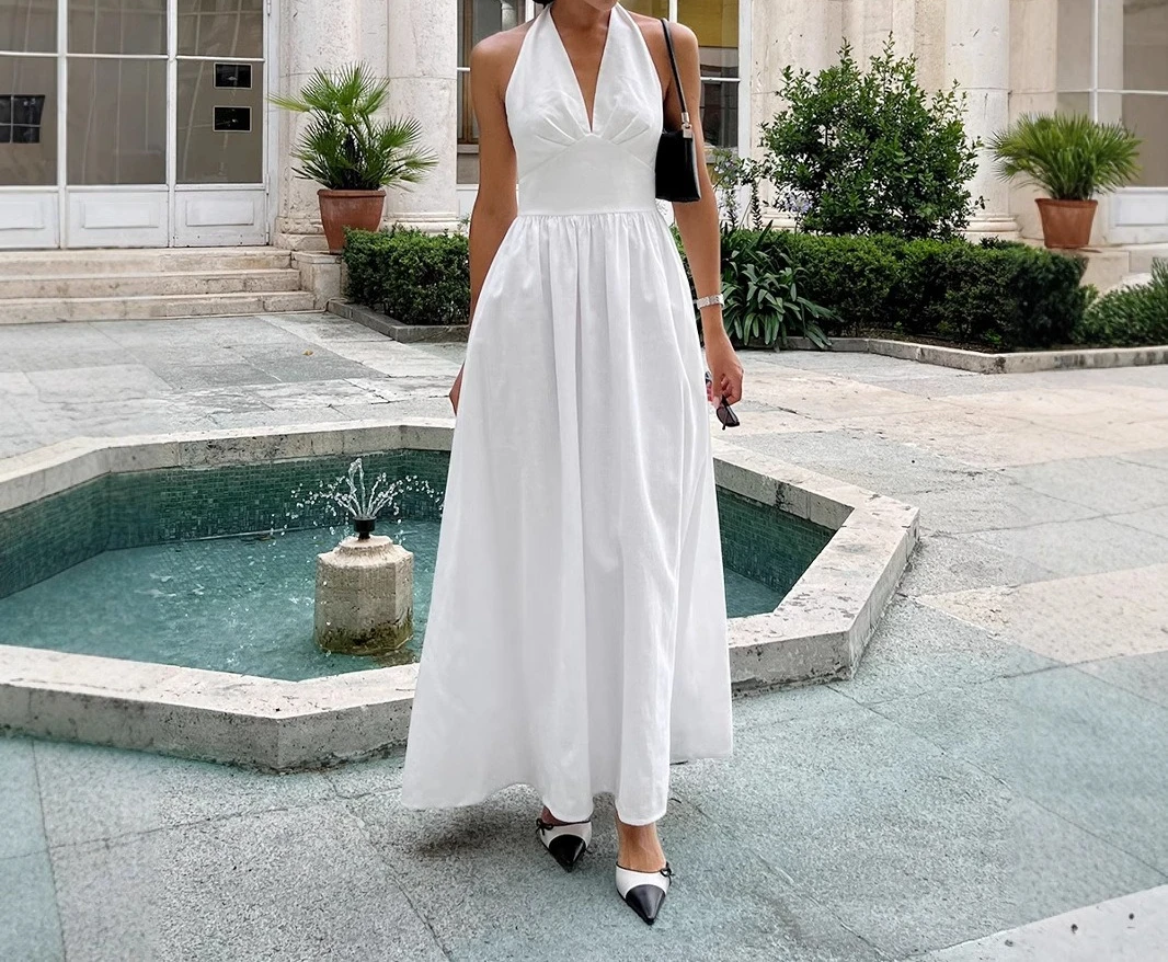 

Cotton Maxi Dress 2025 Spring Summer Waist Cinched V-neck Tie Long Skirt Big Swing Dress Women