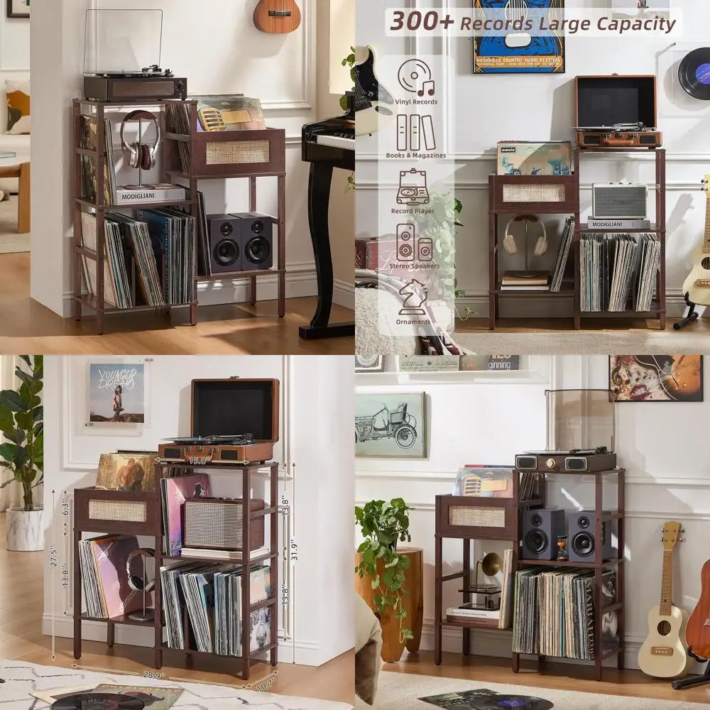 

Винтажная подставка для хранения пластинок из орехового дерева с 3-ярусными полками из ротанга, вмещает более 300 виниловых альбомов