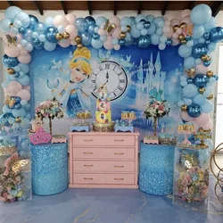 1Set Disney Princess Cinderella Butterfly Decors Blue White Latex Balloons 150cm Fabric Backdrops For Girl Birthday Party Gift