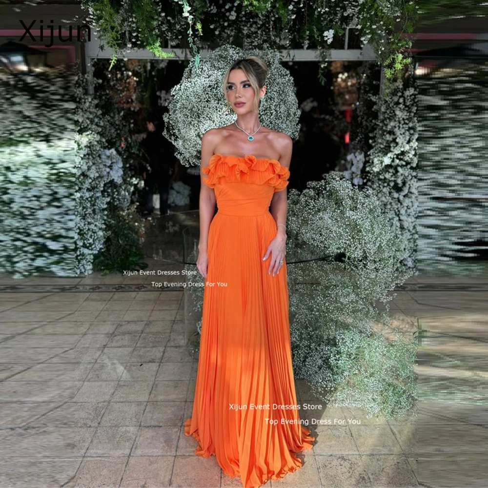 

Xijun Orange Chiffon Evening Dresses A-Line Sleeveless Pleats Ruched Elegant Prom Dresses Floor Length Prom Gowns Customized