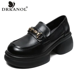 DRKANOL Women Pumps 2026 Handmade Retro Genuine Leather Metal Thick High Heel 6cm Slip On Casual Loafers Women Platform Shoes