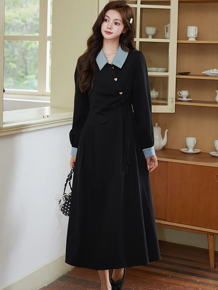 

Autumn Winter Black Patchwork Fake Two Piece Dress Women Korean Vintage Hepburn Luxury Long Dress 2025 Elegant Bodycon Vestidos