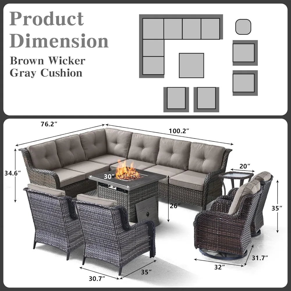 Outdoor Wicker Patio Furniture Set - 10 Seater Rattan Outdoor Conversation Sets with 2 Swivel Chairs,2 Armrest Chairs,2 Loveseat