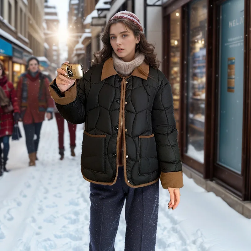 Veste matelassurera courte en coton léger pour femme, 2 poches, diamant à revers, abonnés féminins, hiver 2024