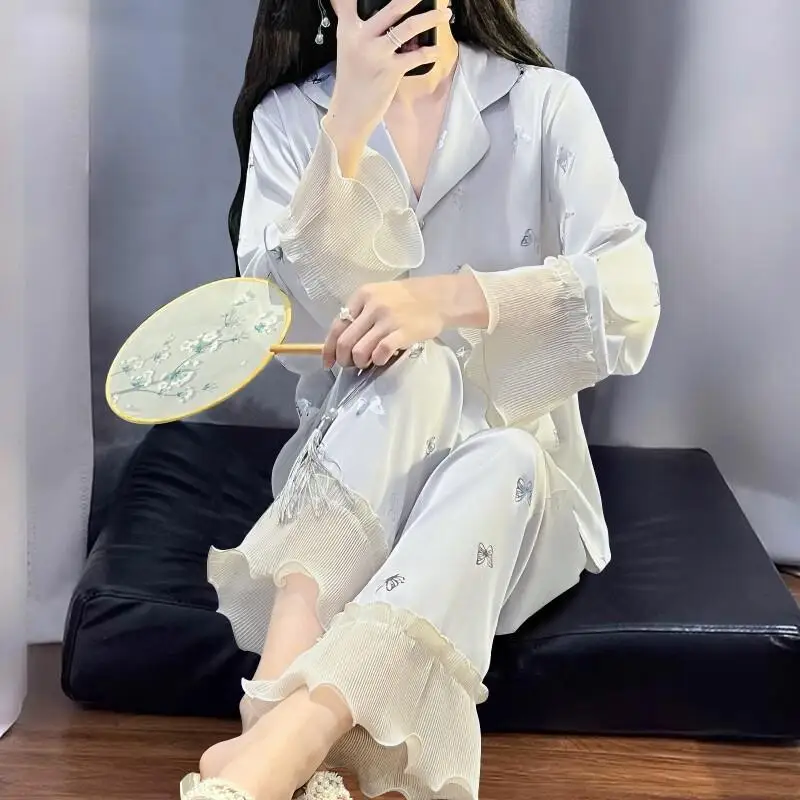 

Women's Pajama Set Fashion Homewear 2026 New Spring Autumn Long Sleeve Silk Lace Ice Women Home Premium Fast Shipping 48 Hours