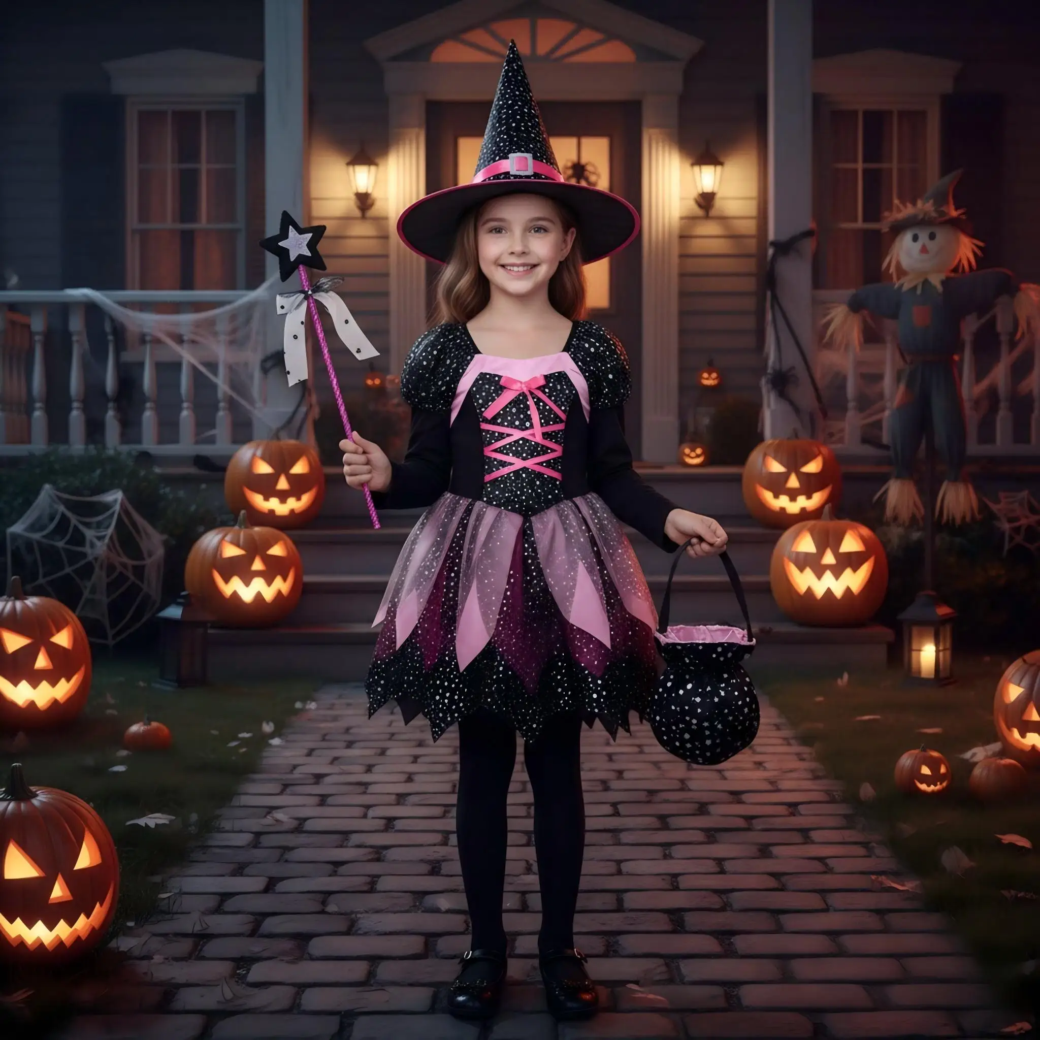 Kids Halloween Fancy Dress Outfit Sparkly Witch Gown with Hat Magic Wand Accessory Kit for Cosplay Carnival Theme Dress Up Game