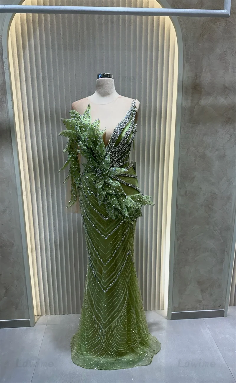 2025 Aso Ebi 3D Leaf Design Green Prom Dresses Long Sleeve Crystals Formal Arabic Evening Gowns Mermaid Wedding Party Dress Robe