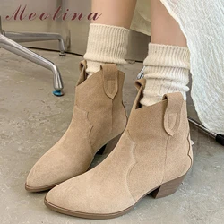 Meotina Women Genuine Leather Ankle Western Boots Round Toe Thick Mid Heel Ladies Cow Suede Short Boot Autumn Winter Shoes Brown