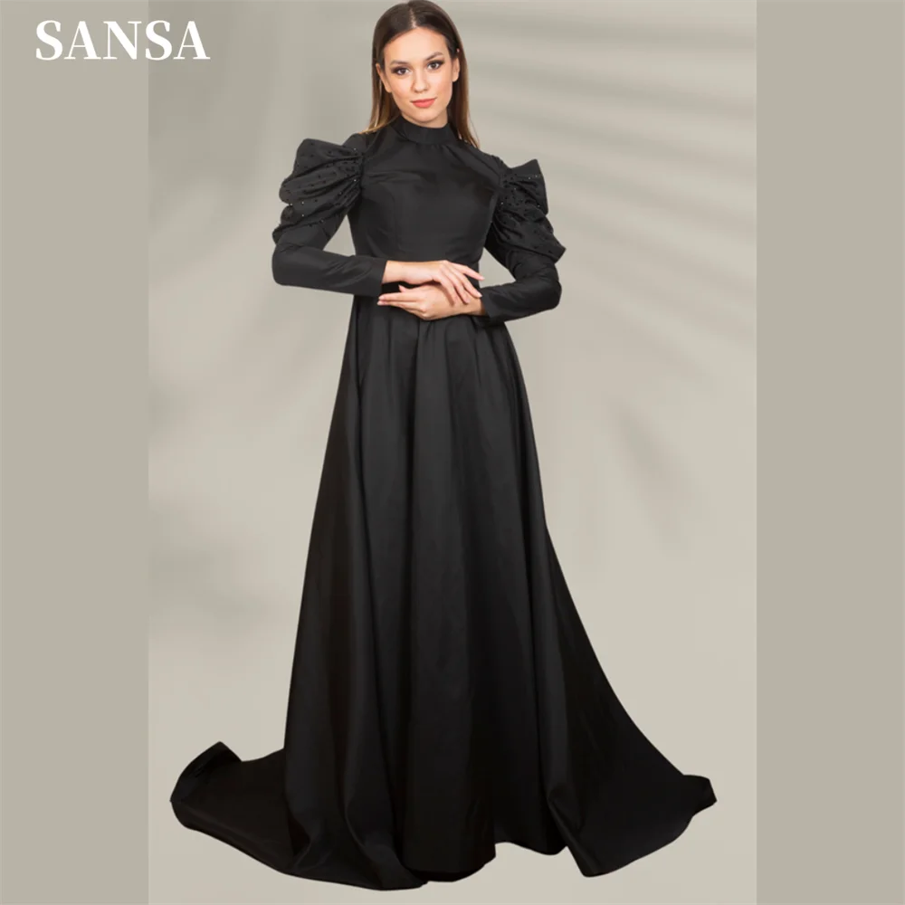 

Sansa Muslim High Neck A-line Wedding Dress Bubble Shoulder Long Sleeves فستان حفلات الزفاف Long Train Satin robes de soirée