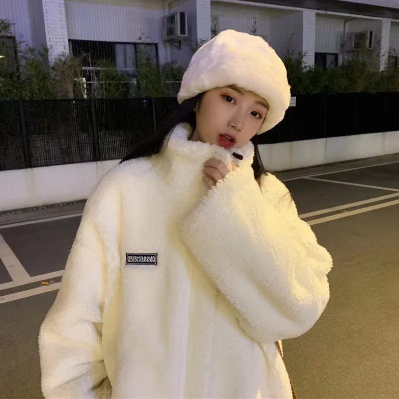 Autumn Winter Women\'s Jacket Lamb Fleece Plush Oversize Loose Couple Warm Plush Hooded Ropa Mujer Sudaderas Y2k Coat Jackets