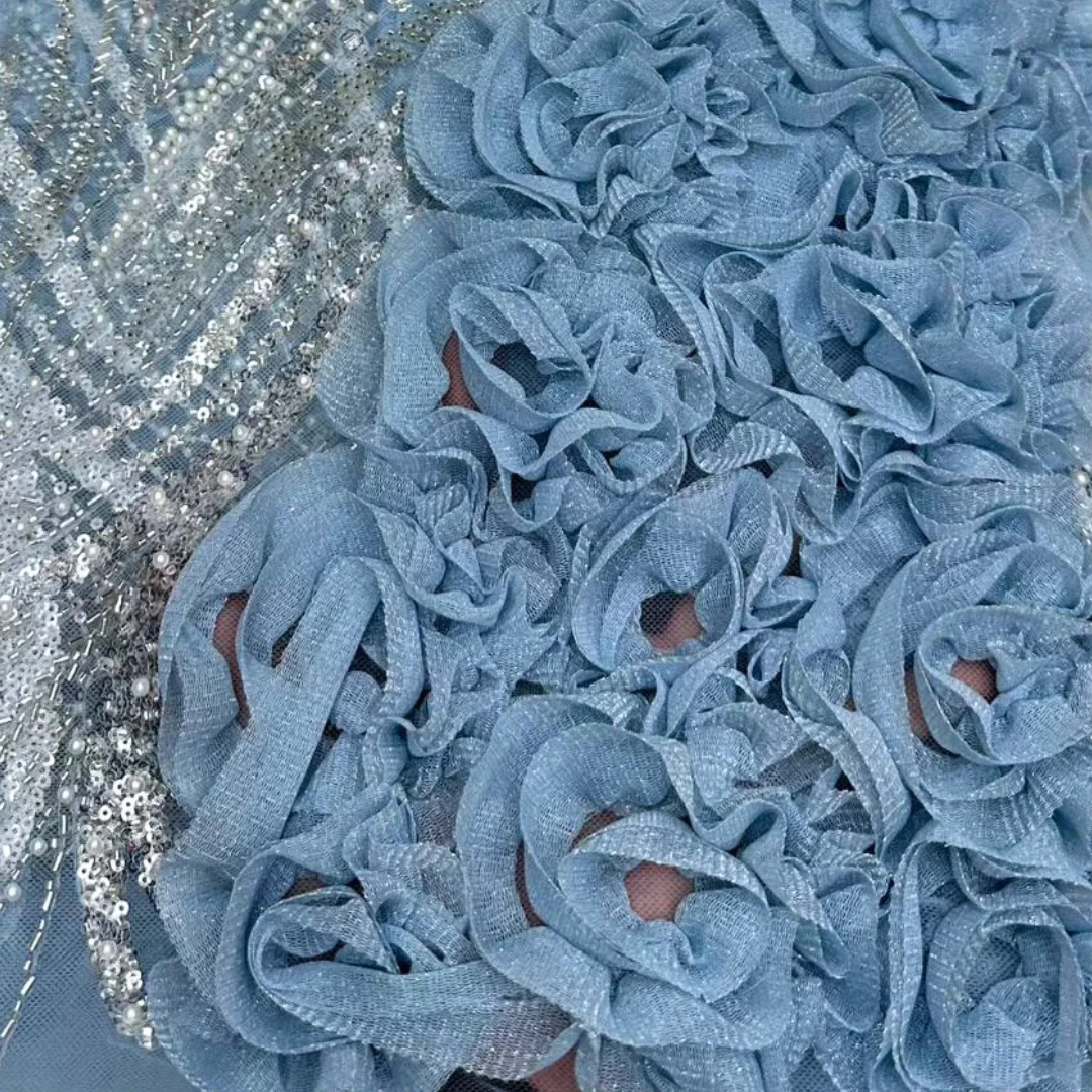 

Ruffle Sequin Beaded Lace Fabric High Quality Tulle Embroidery With Tubular Beads Soft Mesh For Wedding Party Dress Sewing