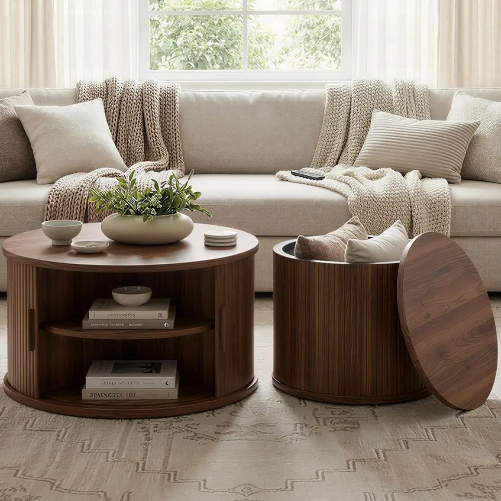 

Round Coffee Table Set for 2, Sliding Door Wood Center Table, Walnut Hollow Side Table
