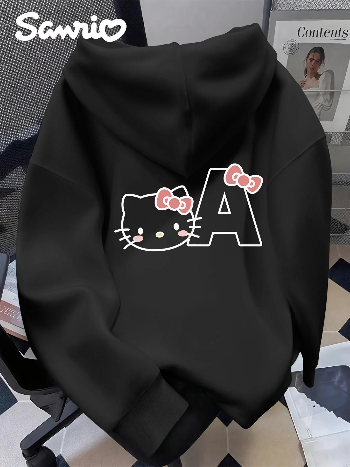 Felpa con cappuccio Hello Kitty da donna, simpatico fiocco rosa e stampa viso Hello Kitty sul retro, morbido pullover con cappuccio