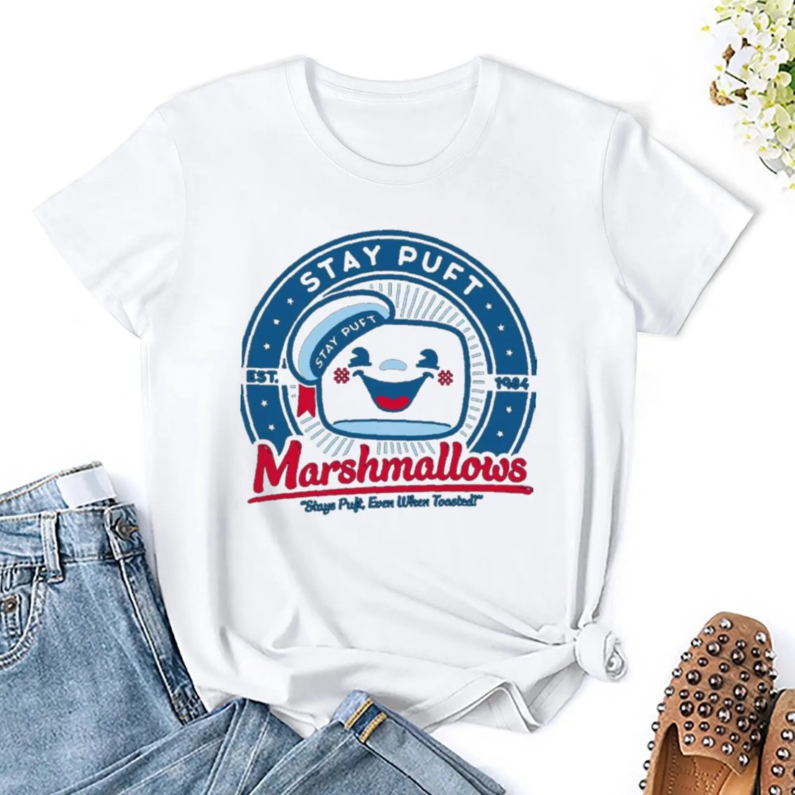 Marshmallows Happy Camper Marshmallows 6 T-shirt Round Neck Sports Top Tee Novelty Travel Humor