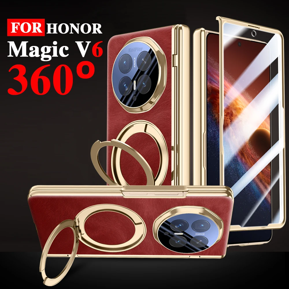 

Luxury Ring Holder Leather Case For Honor Magic V6 5G Magnetic Glass film Protection Anti-fingerprint Hard Plating Stand Cover