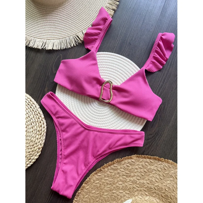 

2024New Bikini Ruffled Sunken Stripe Solid Color Swimsuit Beach Sexy Women's Swimsuit