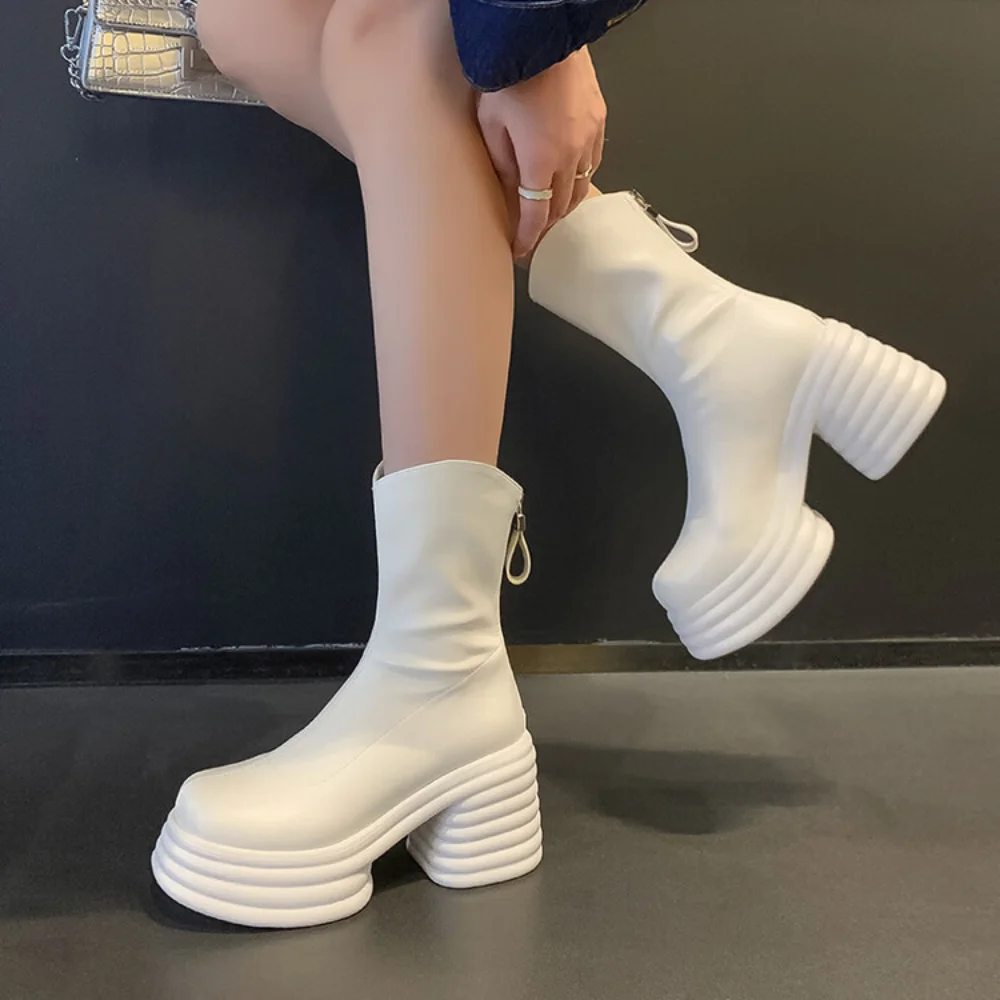 White Pink Short Boots Women Genuine Leather Platform Chunky Heel Ankle Boots Fashion Gothic Style Modern Boots High Heels Shoes