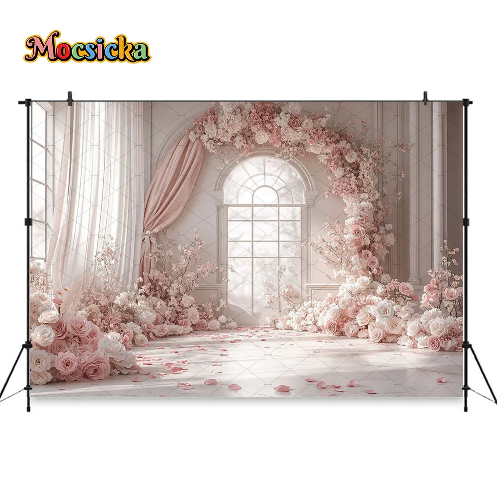 Mocsicka Pink Floral Wedding Background Photography Arch Window Church Curtain Backdrop Girl Birthday Party Photo Studio Booth