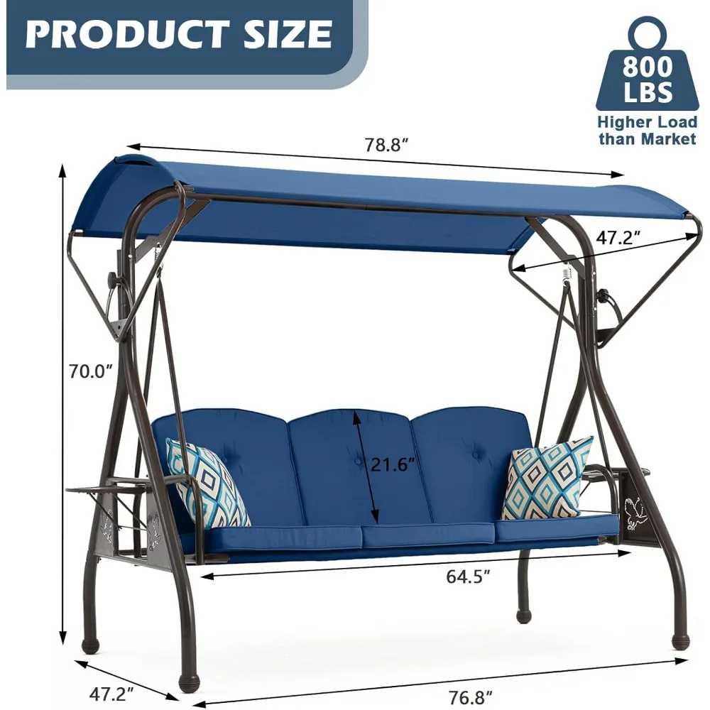 أرجوحة الفناء مع مظلة 3 مقاعد أرجوحة الشرفة الخارجية مع حامل مع حامل أكواب ووسادة كرسي طائرة شراعية سرير متأرجح للفناء الخلفي #6