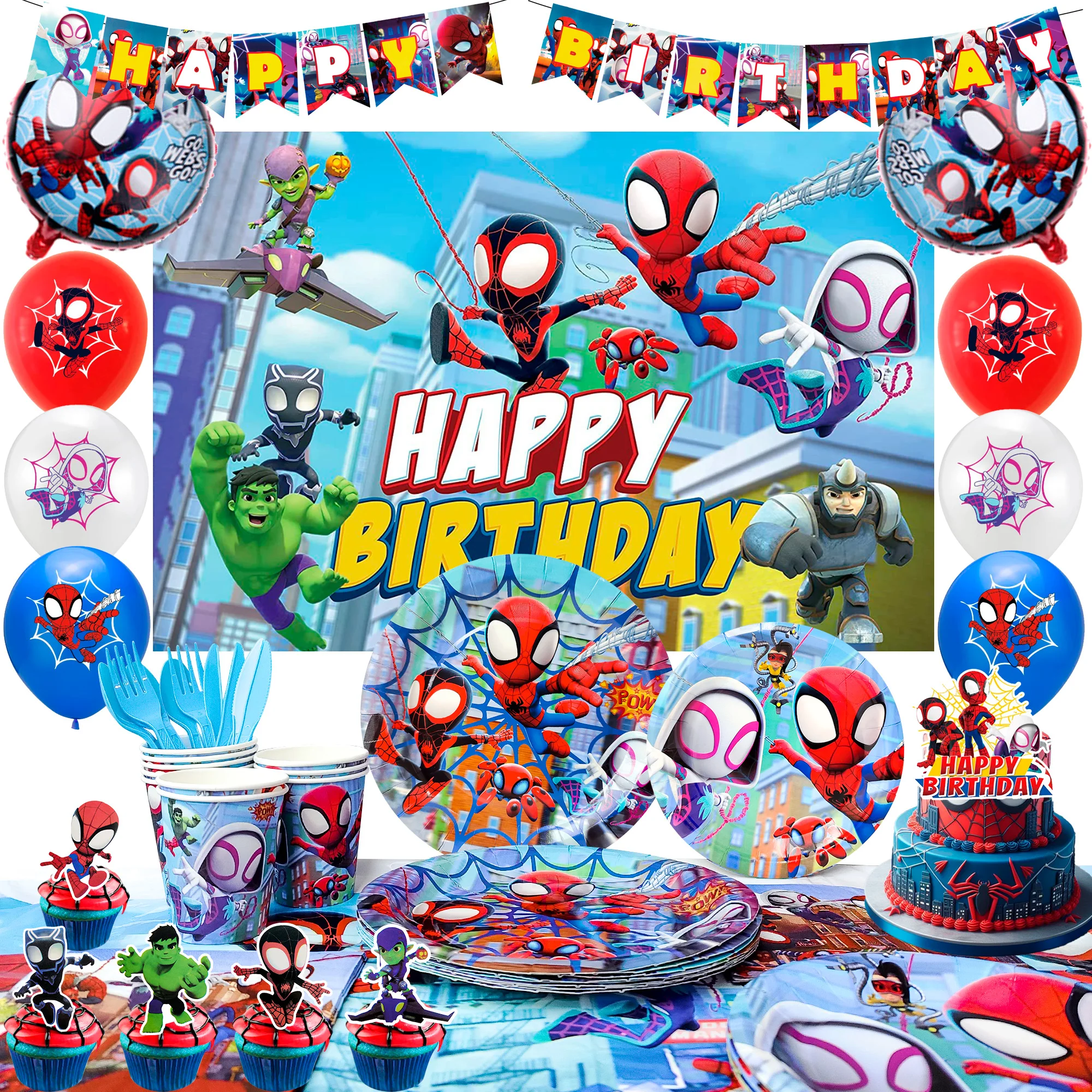 Fournitures d'anniversaire Spiderman et ses amis, 114 pièces, décorations et vaisselle de fête Little Spiderman, assiette de bannière de ballons de fête Marvel.