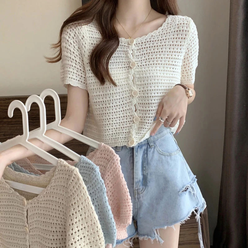 Women Buttons Up Short Cardigan Coat Knitted Hollow Out  tees Top shorts  Sleeved Thin Summer T-shirt Ruffles Casual Shirt